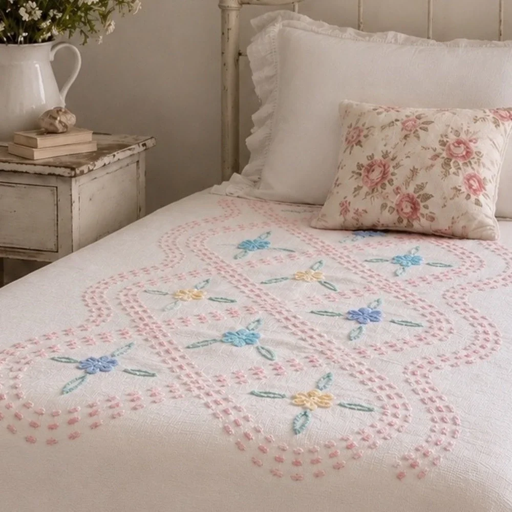 Vintage Chenille Floral Bedspread White Pink Blue Size 94x100 Shabby Chic Cotton